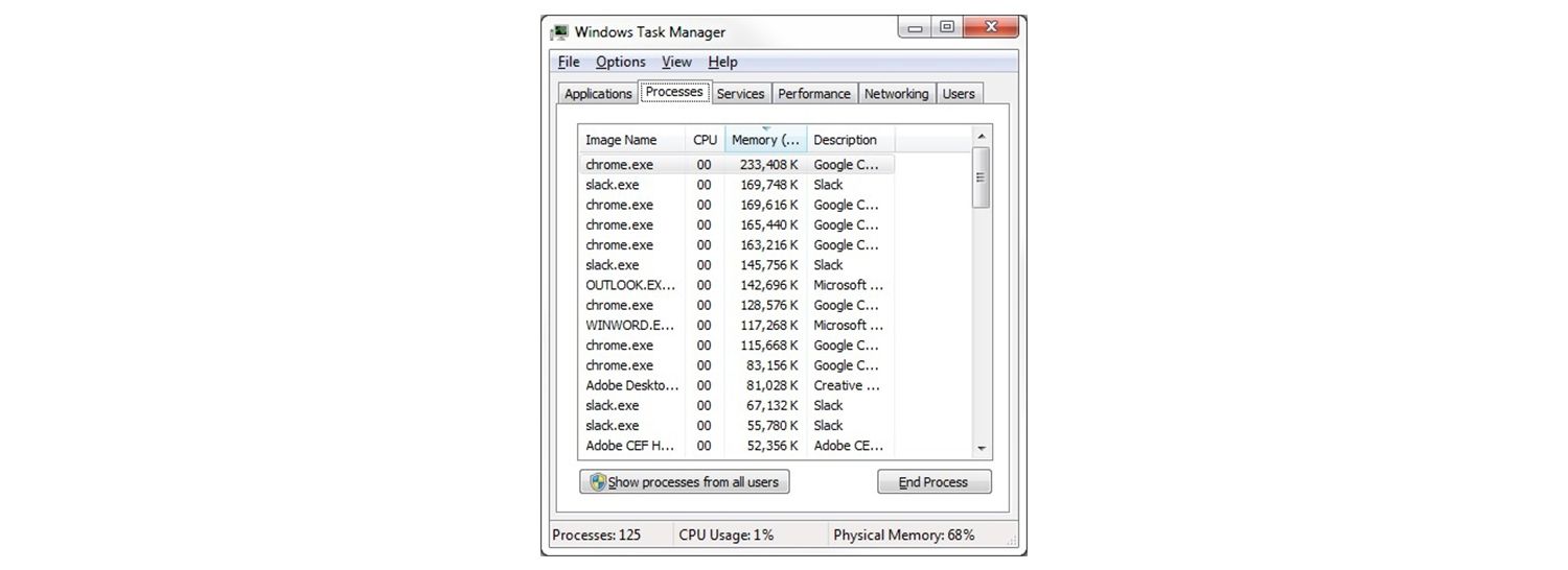 نافذة منبثقة لمدير مهام Windows 7 بها الكثير من العمليات قيد التشغيل