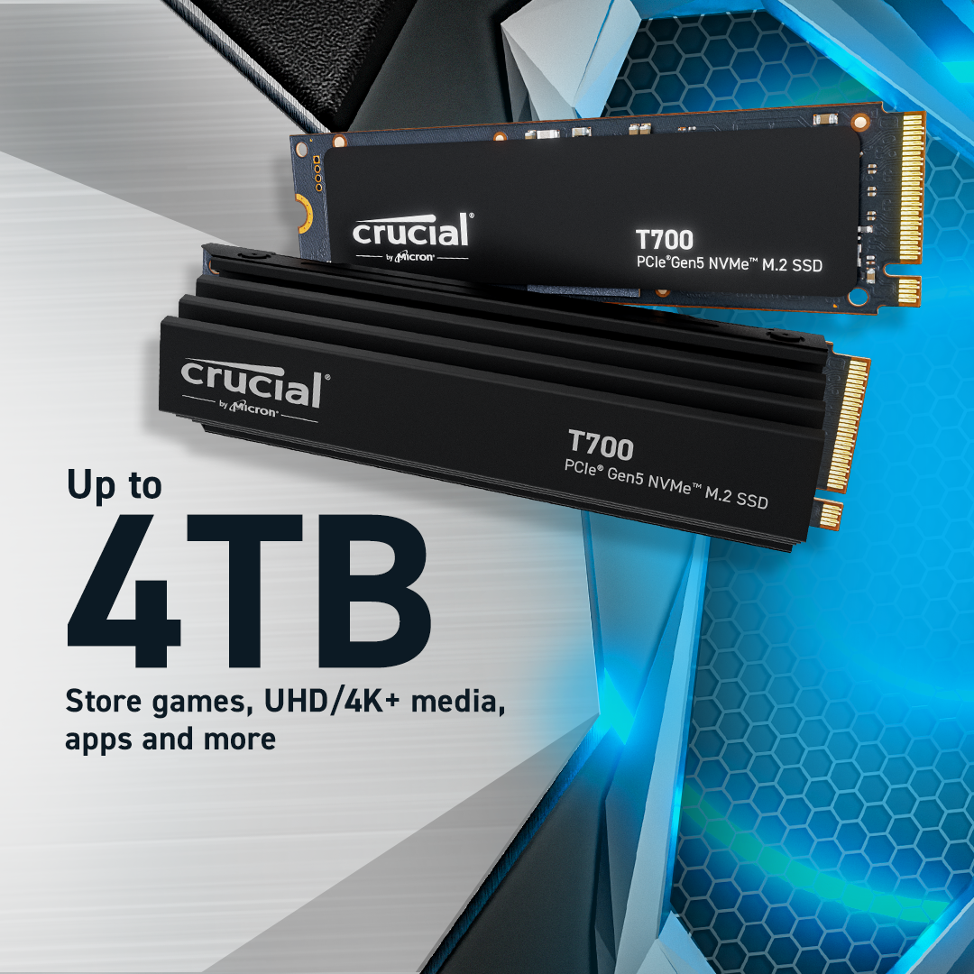 Crucial T700 1TB PCIe Gen5 NVMe M.2 SSD with heatsink- view 4